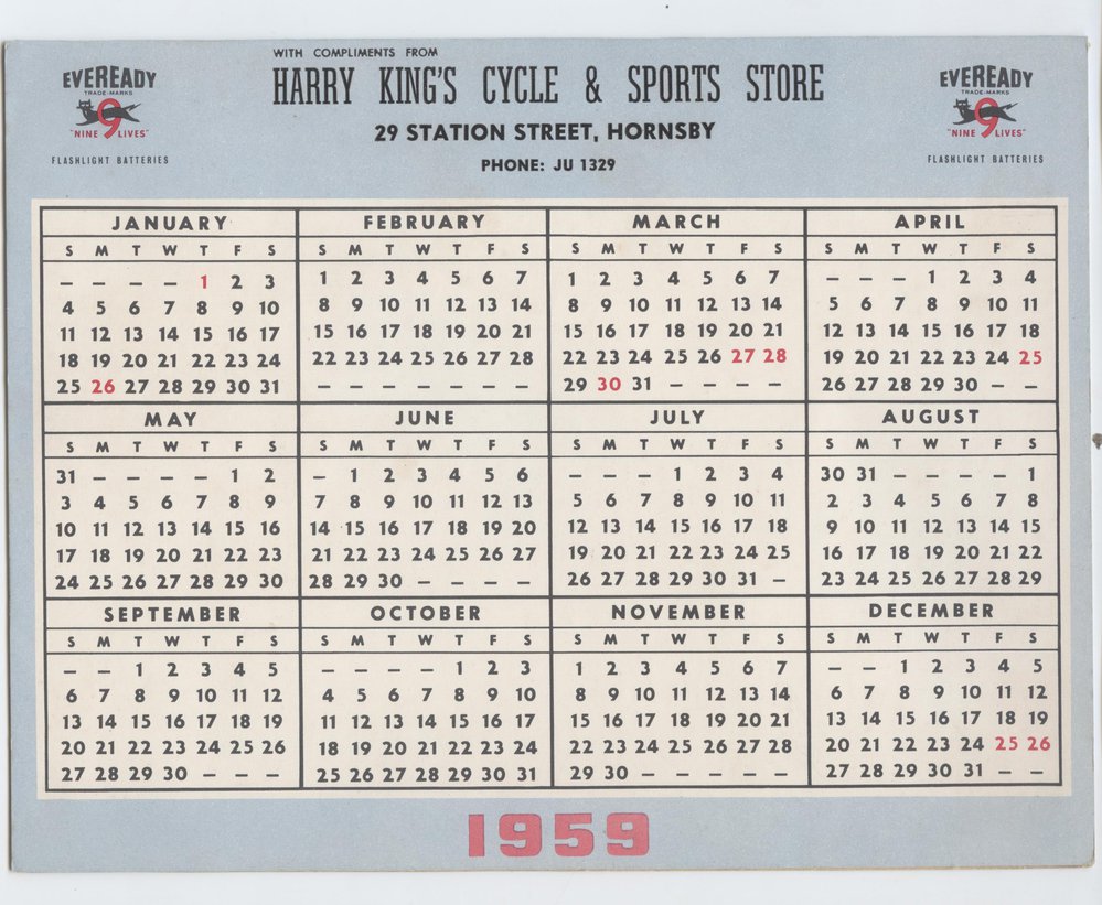 Harry King's Cycle and Sport Store 1959 calender