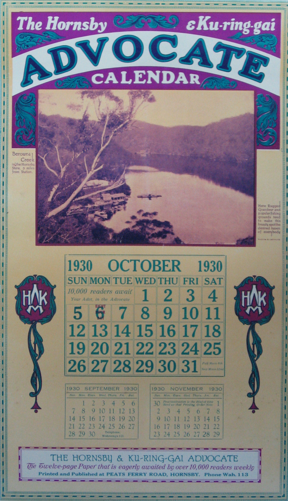 Advocate newspaper calendar for 1930 - Berowra Waters