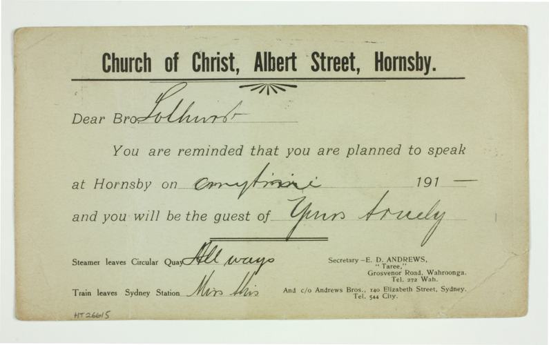 Church of Christ, Albert Street, Hornsby - Postcard