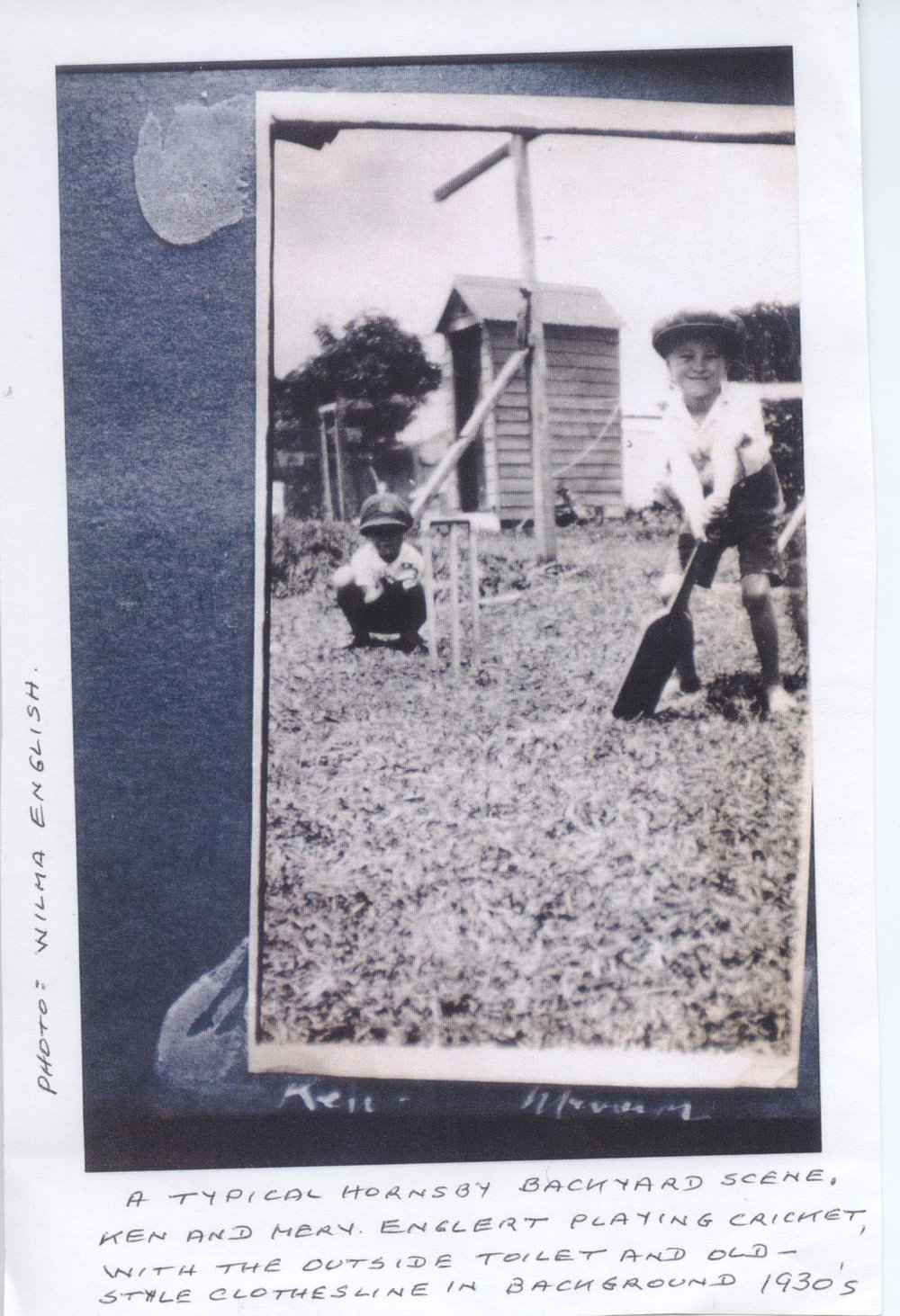 Ken and Merv Englert playing cricket in their backyard, Hornsby