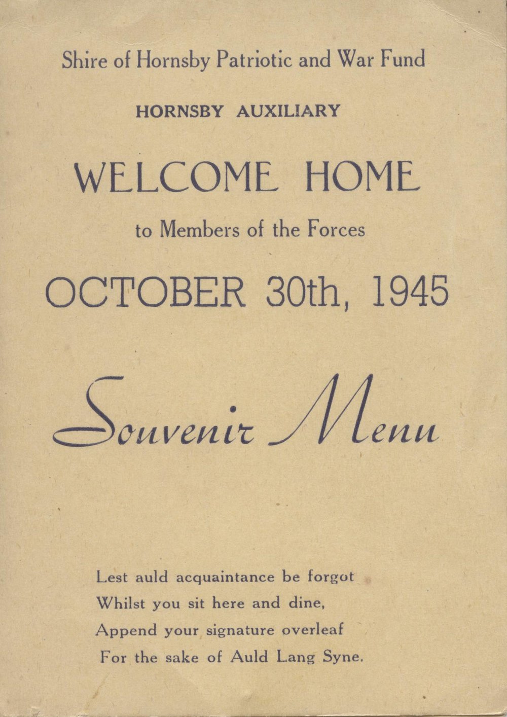 Welcome Home to Members of the Forces October 30th 1945