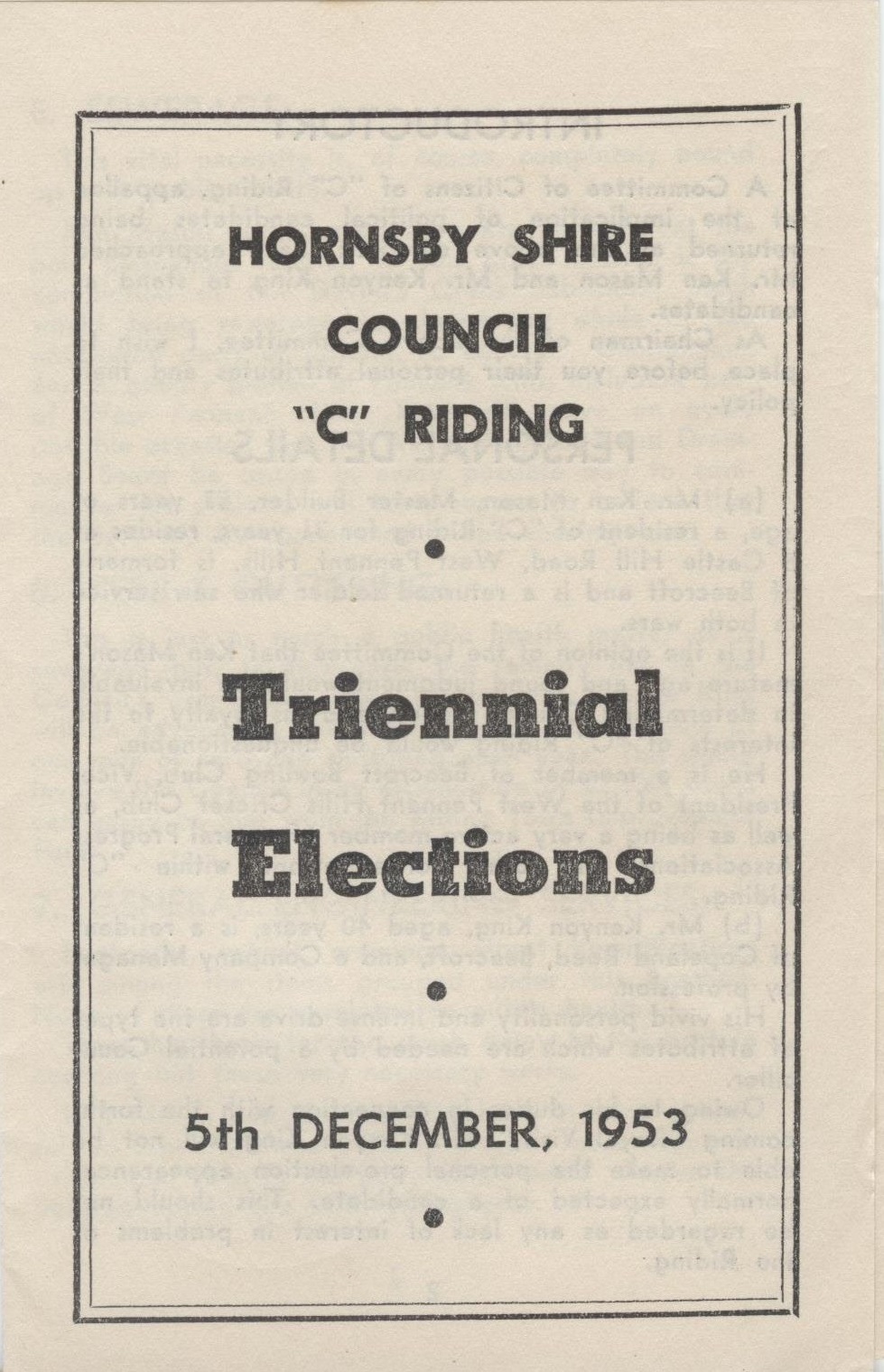 Hornsby Shire Council Triennial Elections. 5th December 1953