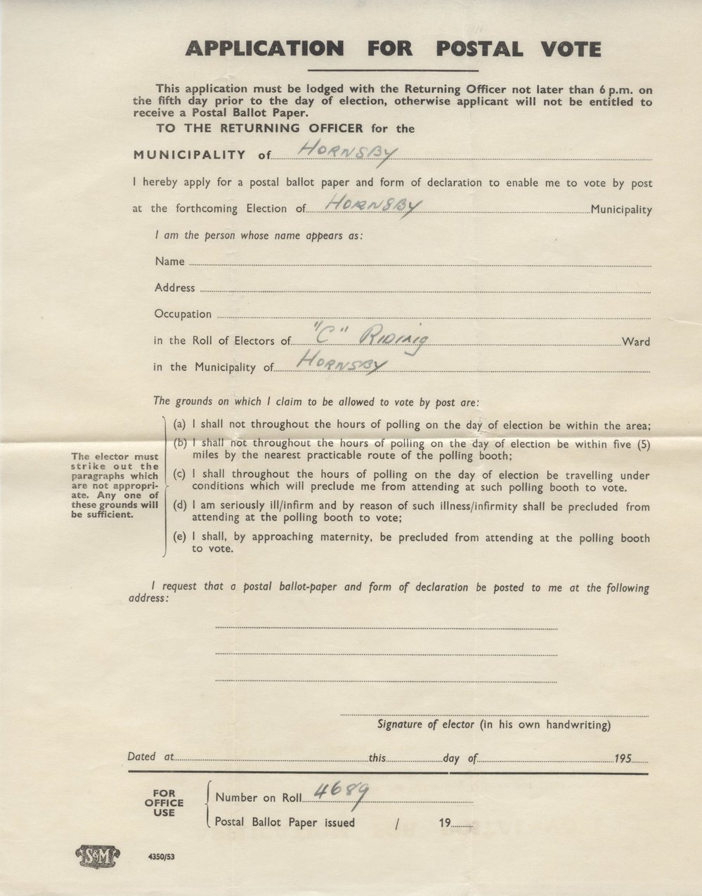 Application for Postal Vote, Hornsby Shire Council Elections