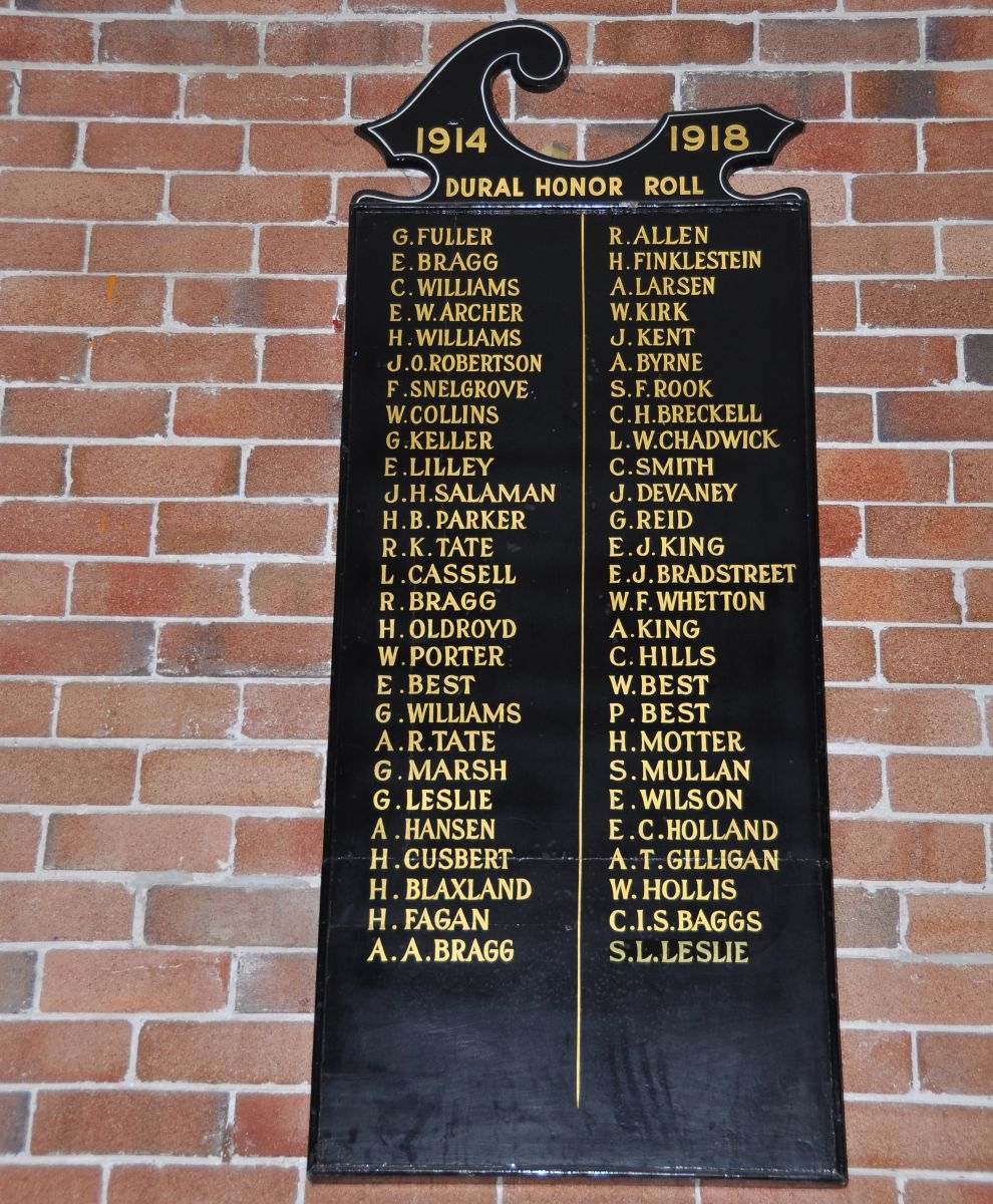 First World War Honour Board in Dural Memorial Hall 