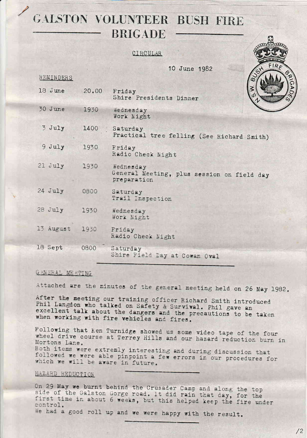 Galston Volunteer Bush Fire Brigade Circular 10 June 1982
