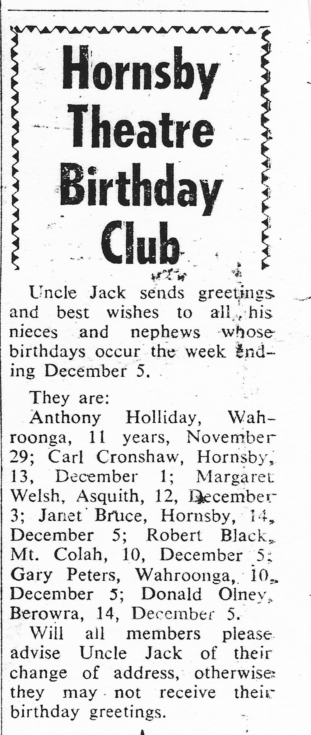 Hornsby Theatre Birthday Club