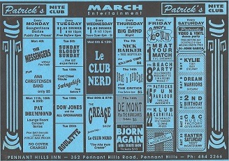 Flyer for Patrick's Nite Club at the Pennant Hills Hotel