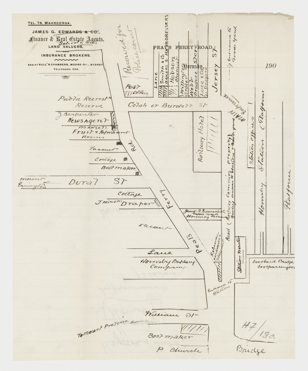 Letter and sketch plan showing business establishments in Hornsby