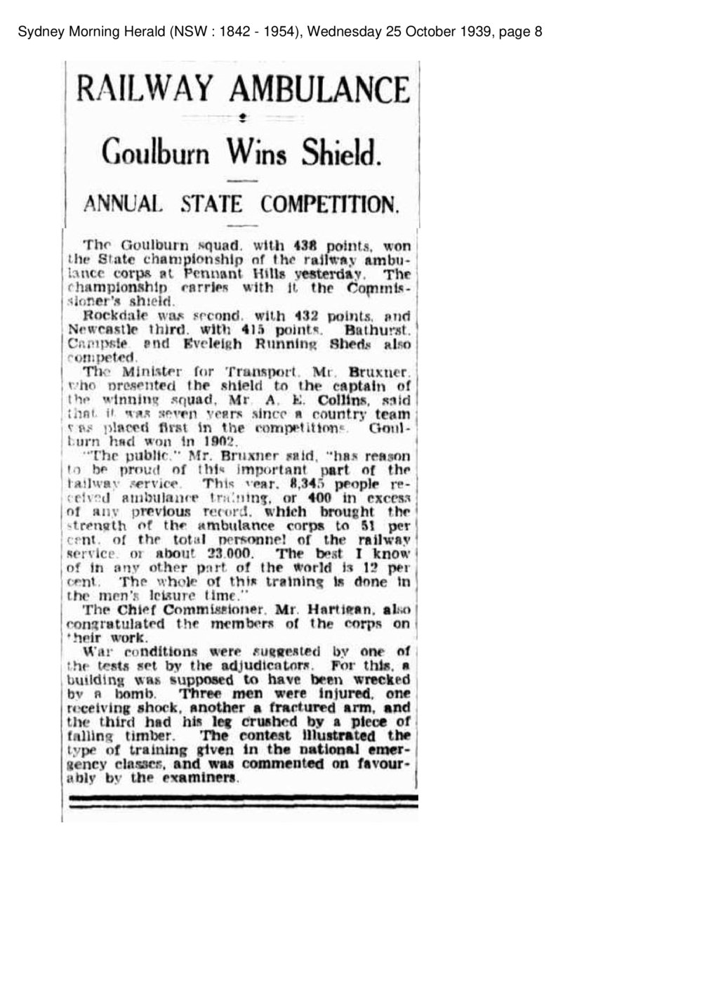 Railway Ambulance Shield - Pennant Hills 1939