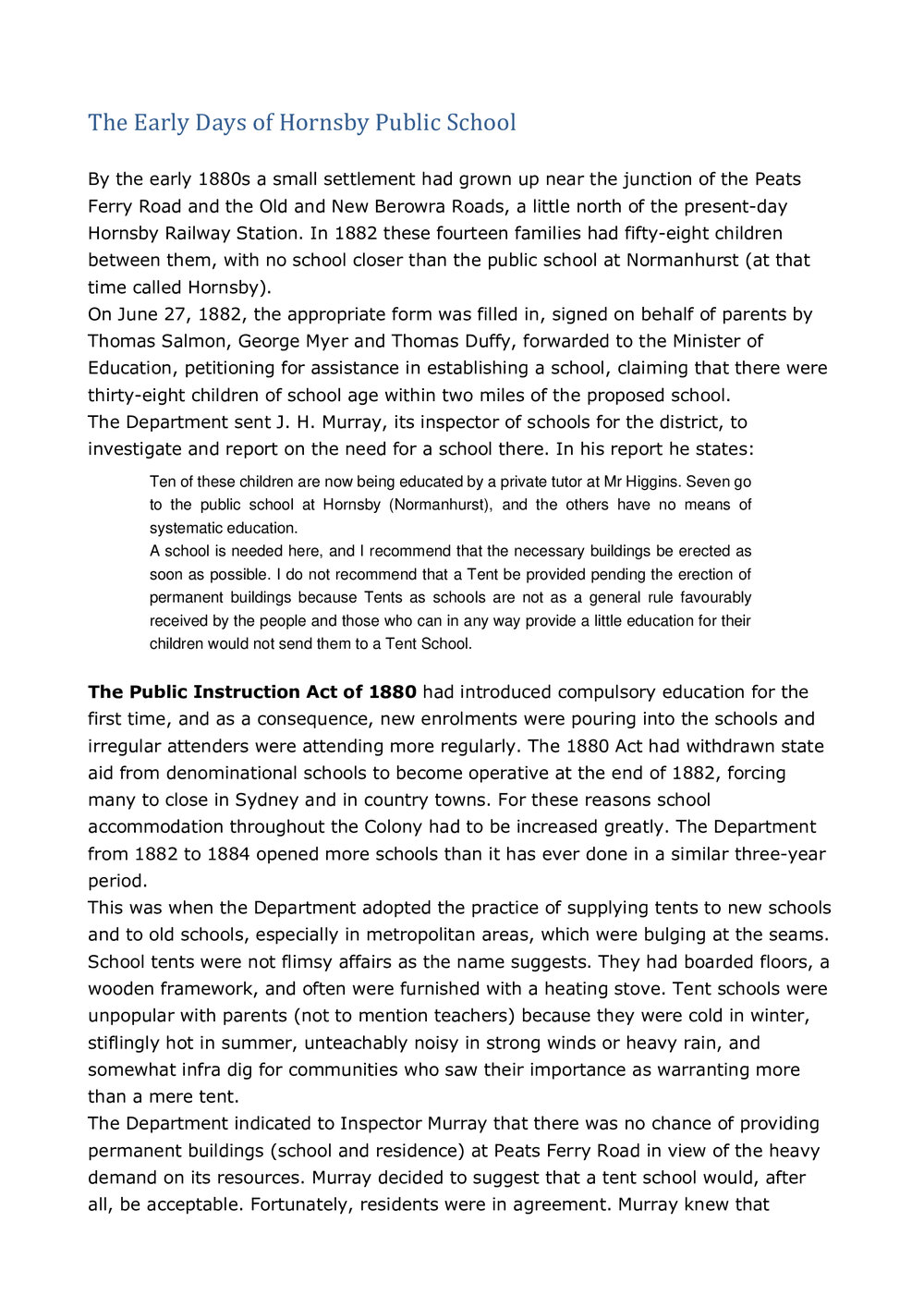 The early history of Hornsby Public School