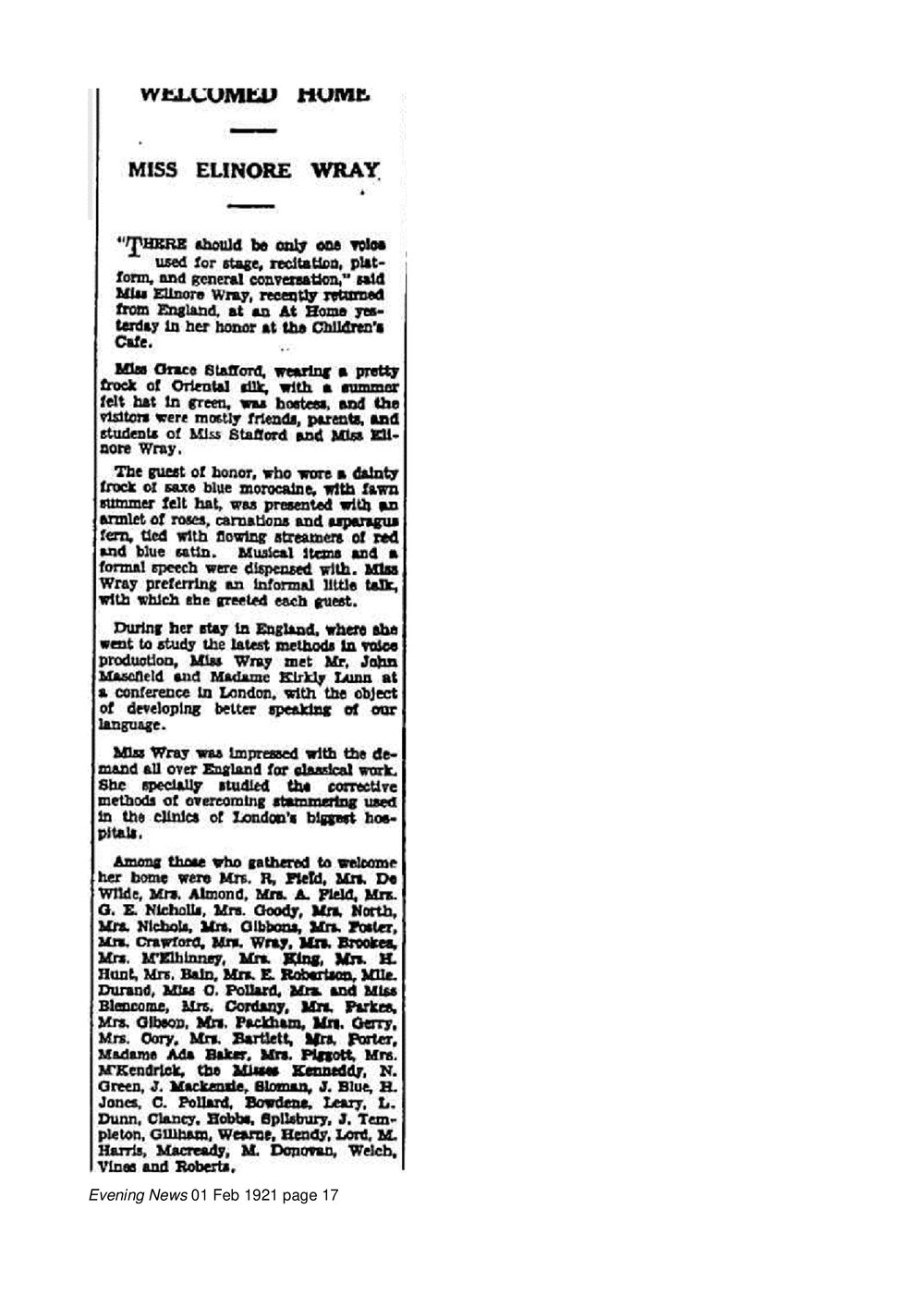 Some 1920s newspaper articles featuring Miss Elinor Wray