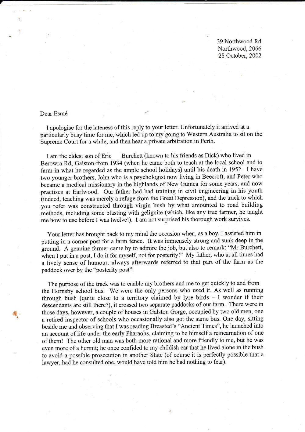 Letter written 2002 from James Burchett to Esme Wood re Galston History 