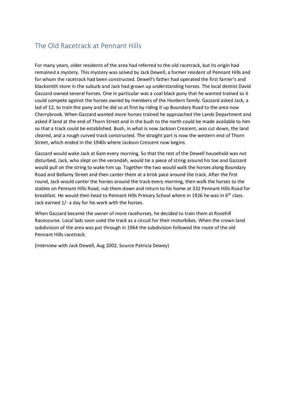 The old racetrack at Pennant Hills