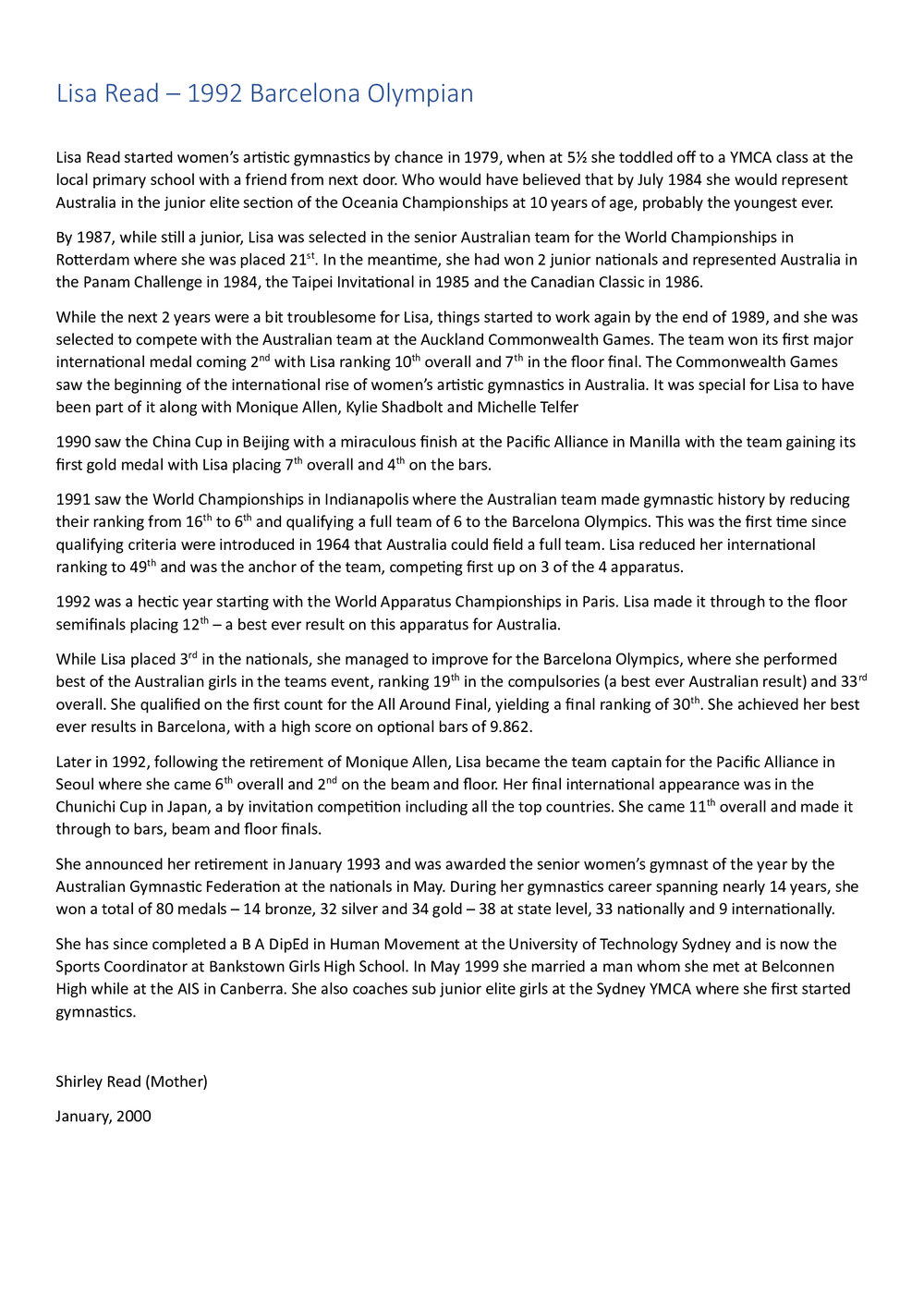 Lisa Read - Local Olympian