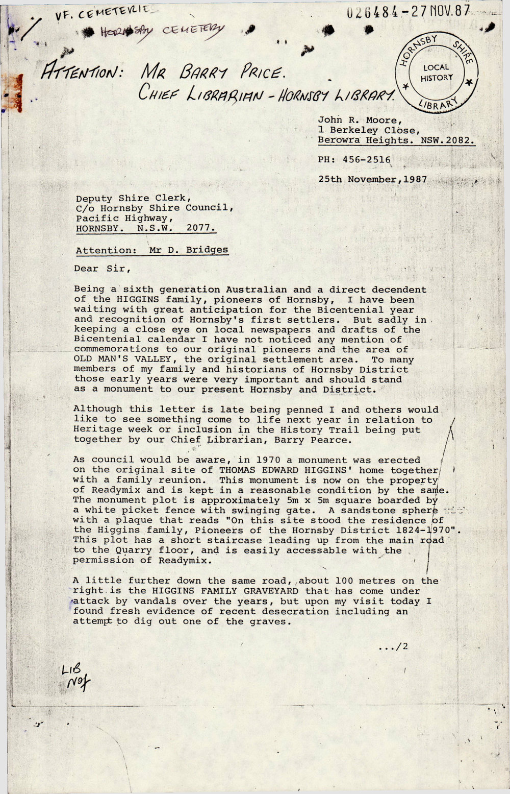 Old Mans Valley Cemetery Letter 