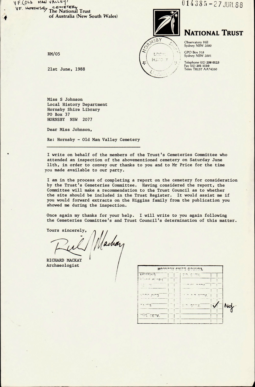 Old Mans Valley Cemetery National Trust Letter