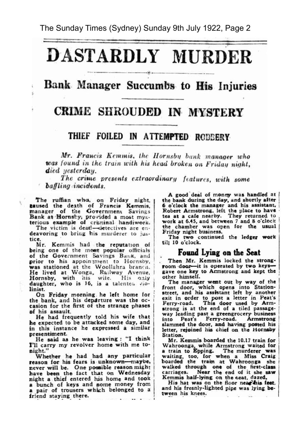 Hornsby's Unsolved Murder from 1922