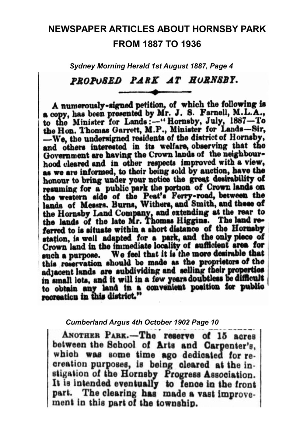 Hornsby Park, 1887 to 1936