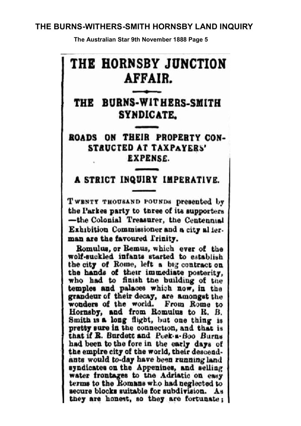 The Burns-Withers-Smith Hornsby Land Inquiry, 1888-1889