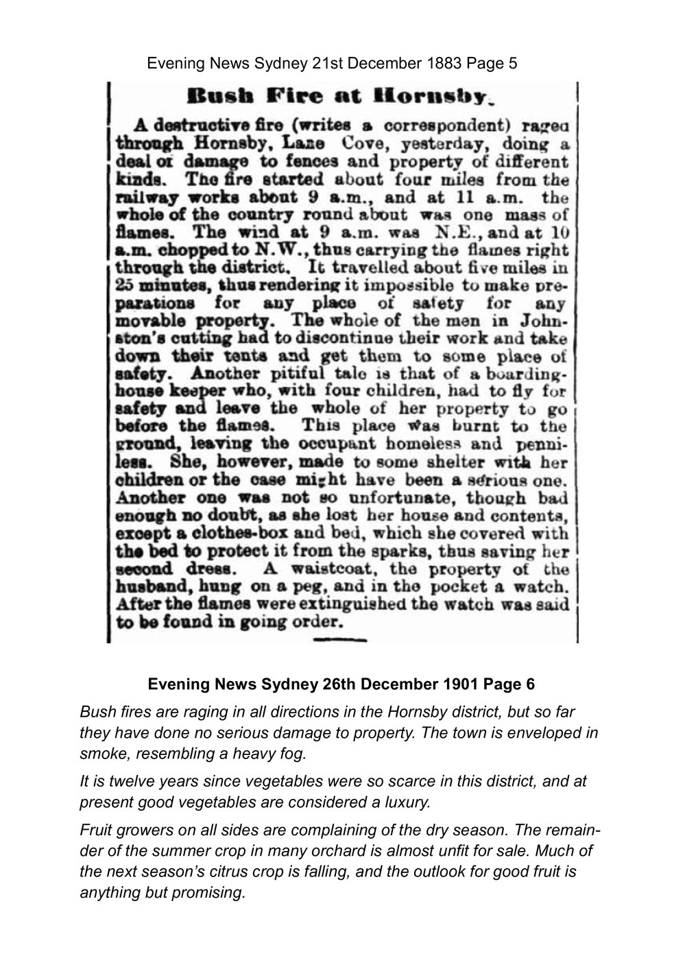 Hornsby Bushfires, 1883 - 2000