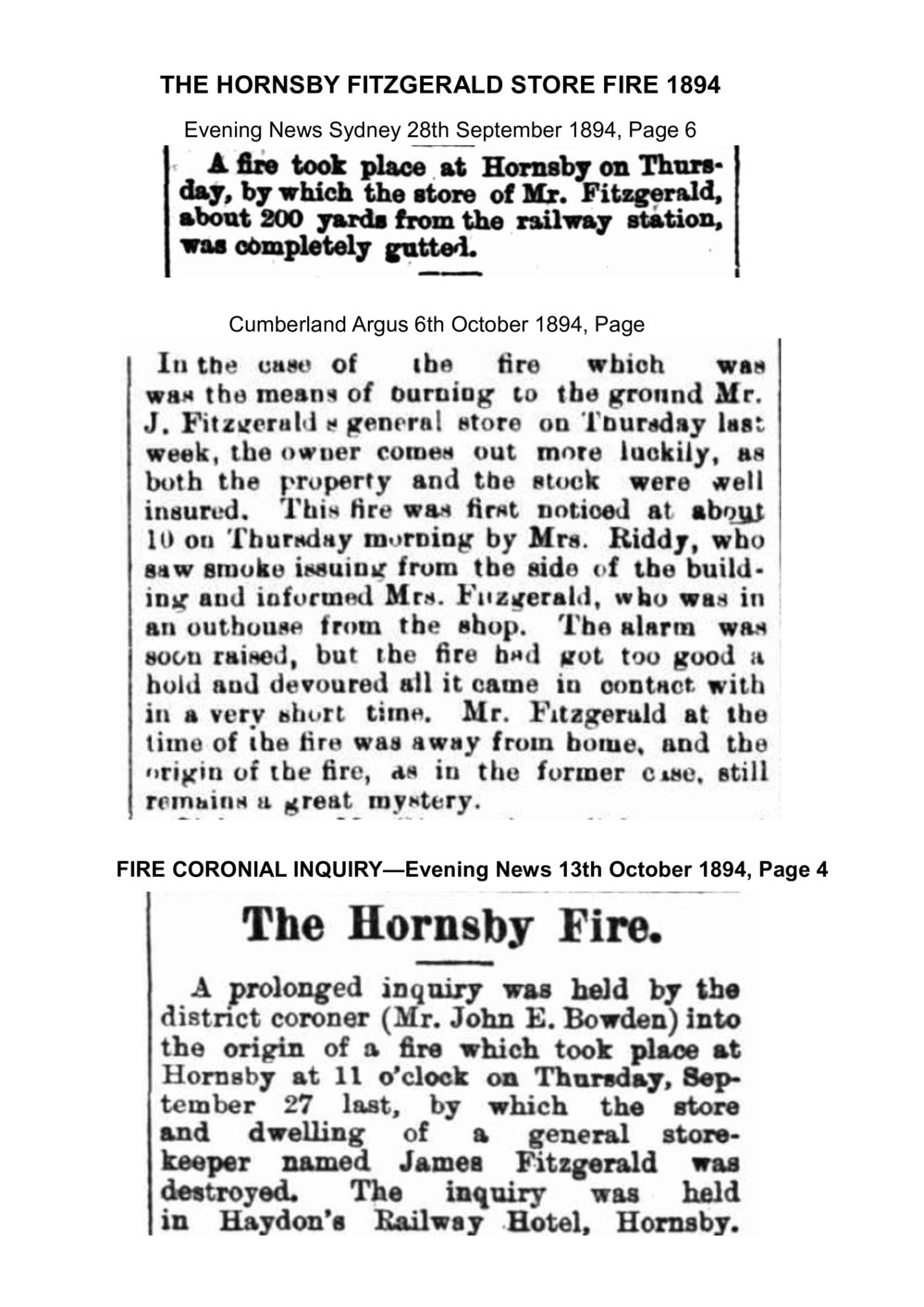 The Fitzgerald General Store Fire, Hornsby 1894