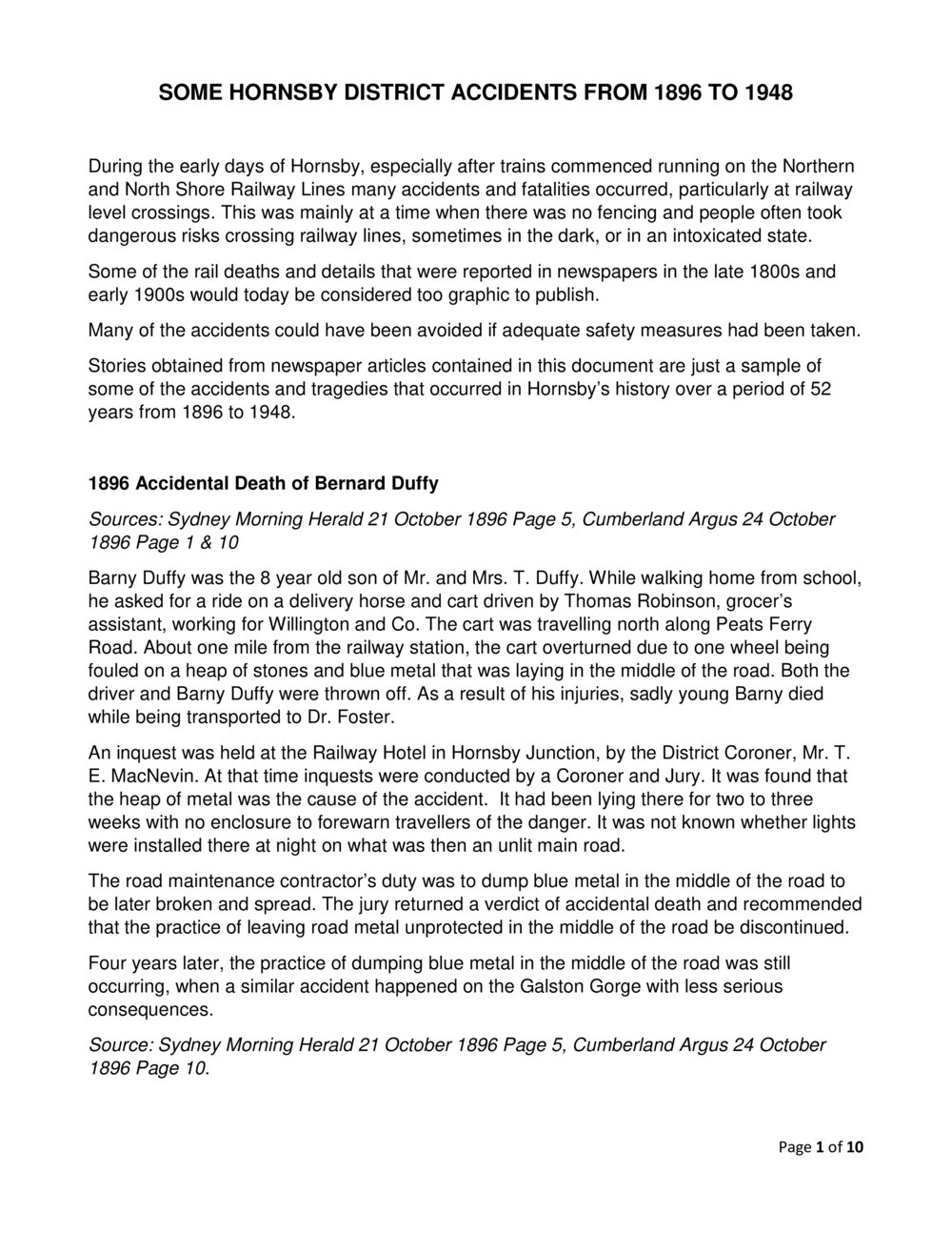 Some Hornsby District Accidents 1896 - 1948