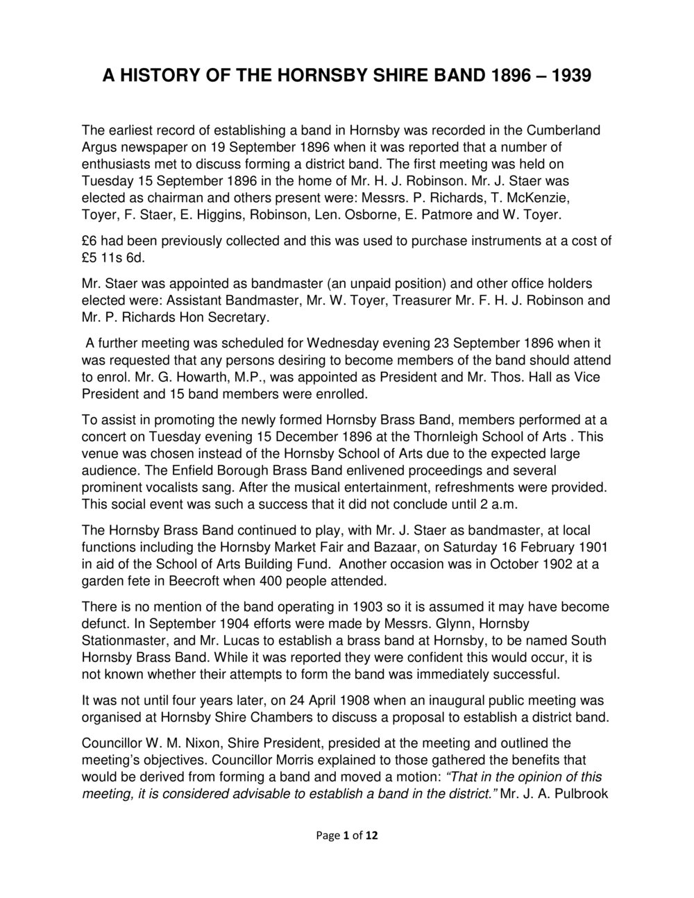 History of Hornsby Shire Band 1896 - 1939