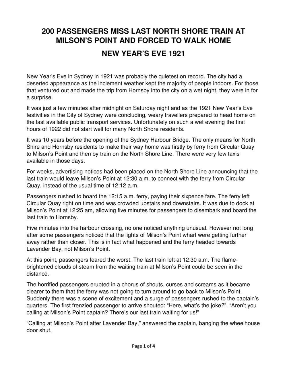 New Year's Eve 1921, 200 miss last North Shore Train forced to walk home