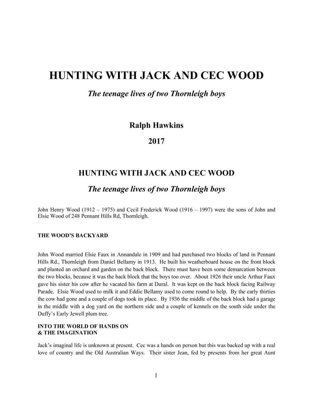 Hunting with Jack and Cec Wood -  The teenage lives of two Thornleigh boys