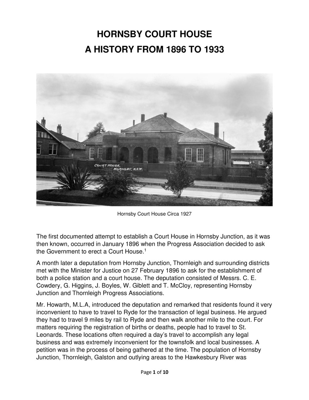 History of Hornsby Court House 1896 - 1933
