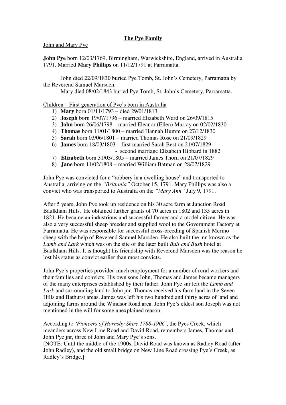 History of the Pye Family of West Pennant Hills