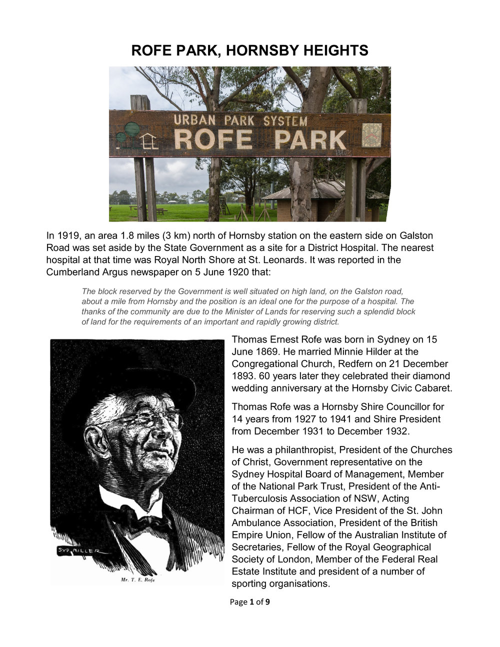 History of Rofe Park, Hornsby Heights