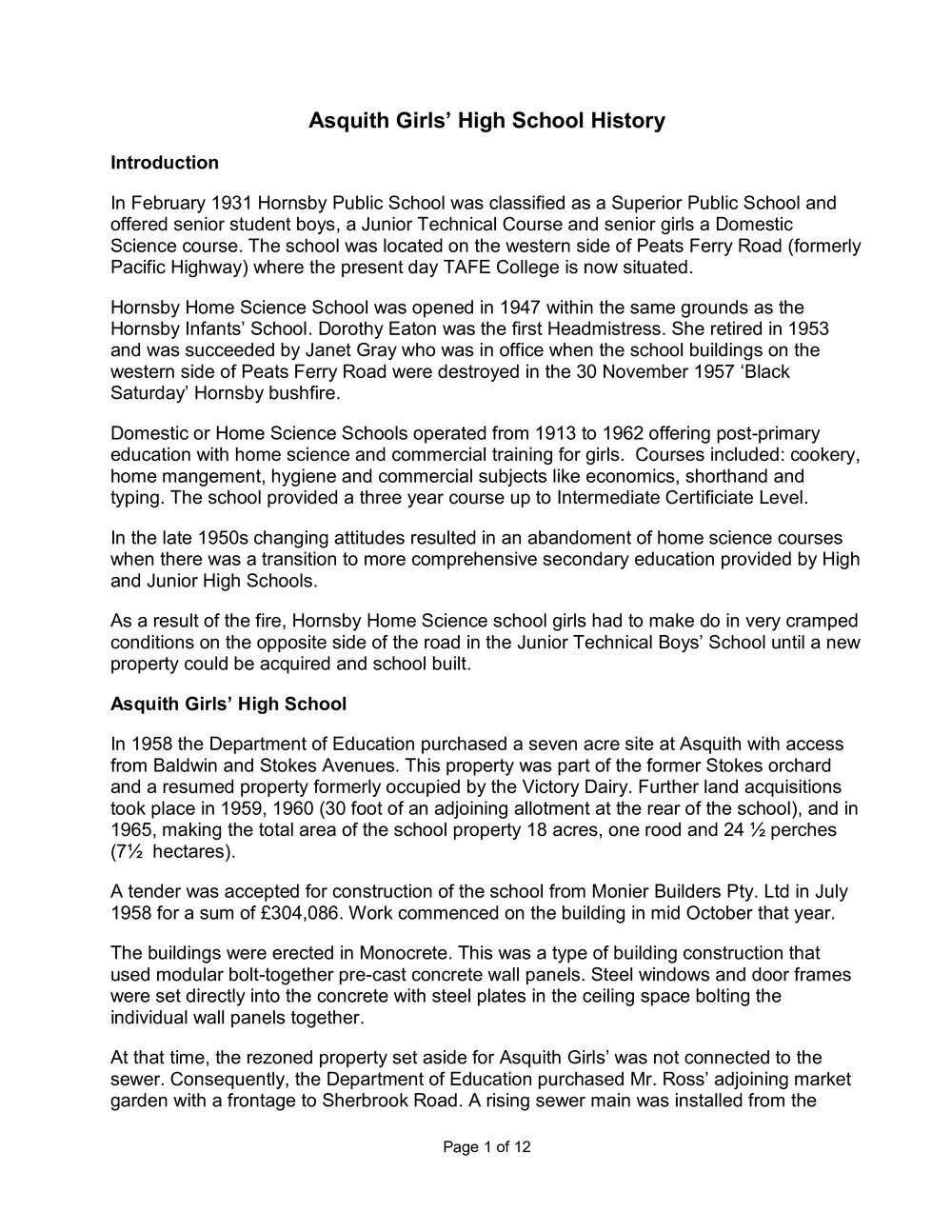 History of Asquith Girls' High School 1958-1991