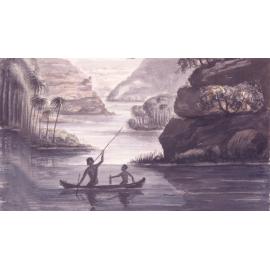 Aborigines in a canoe [watercolour]