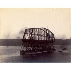 First span of the First Hawkesbury River Railway Bridge being floated into place