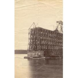 A span of the First Hawkesbury River Railway Bridge being fixed to a caisson.