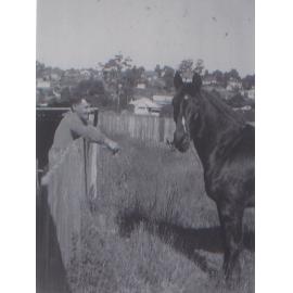 Bill Mowinkle and his horse in a padddock, Denison Street, Hornsby 1960s