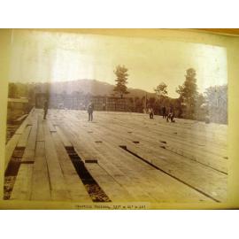 Workers building a pontoon during the construction of the First Hawkesbury River Railway Bridge