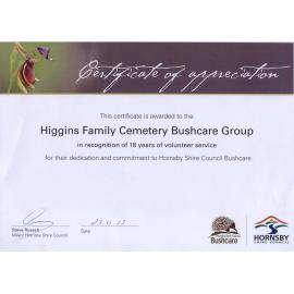 Higgins Family Cemetery Bushcare Group certificate