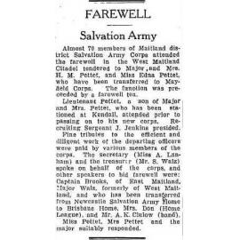 Newspaper report on the farewell of Major Pettet from his post in Maitland, NSW.