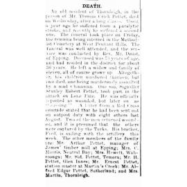 Death notice of Thomas Crick Pettet.