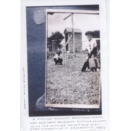 Ken and Merv Englert playing cricket in their backyard, Hornsby