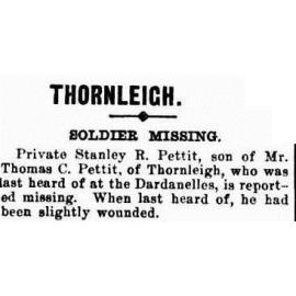 Newspaper report stating that Stanley Pettet is missing in action.