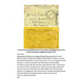 Postcard sent to Ada Hewett from her brother Stan Pettet in June 1915 before his death in Gallipoli in August 1915