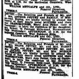 Death notice for Mary Ann Pettet.