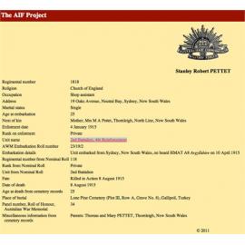 A.I.F Project page relating to Stanley Pettet