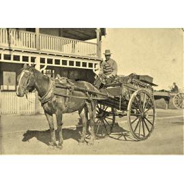 Hornsby Butchery Co. cart outside Irwin's Hotel, Waitara