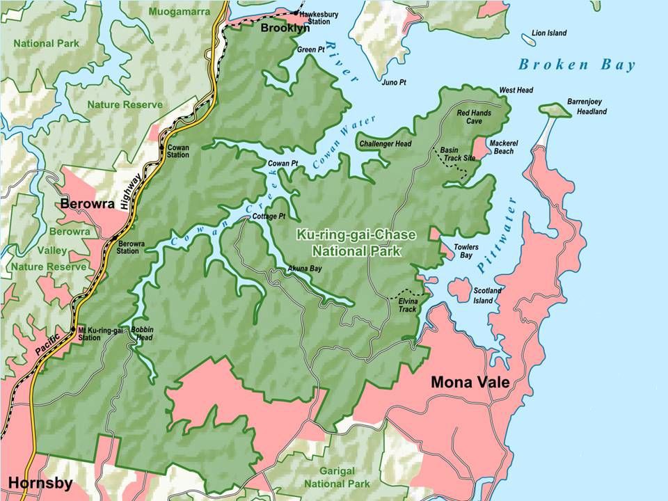 A map of Kuring-gai Chase National Park showing Challenger Head at the entrance to Cowan Creek.